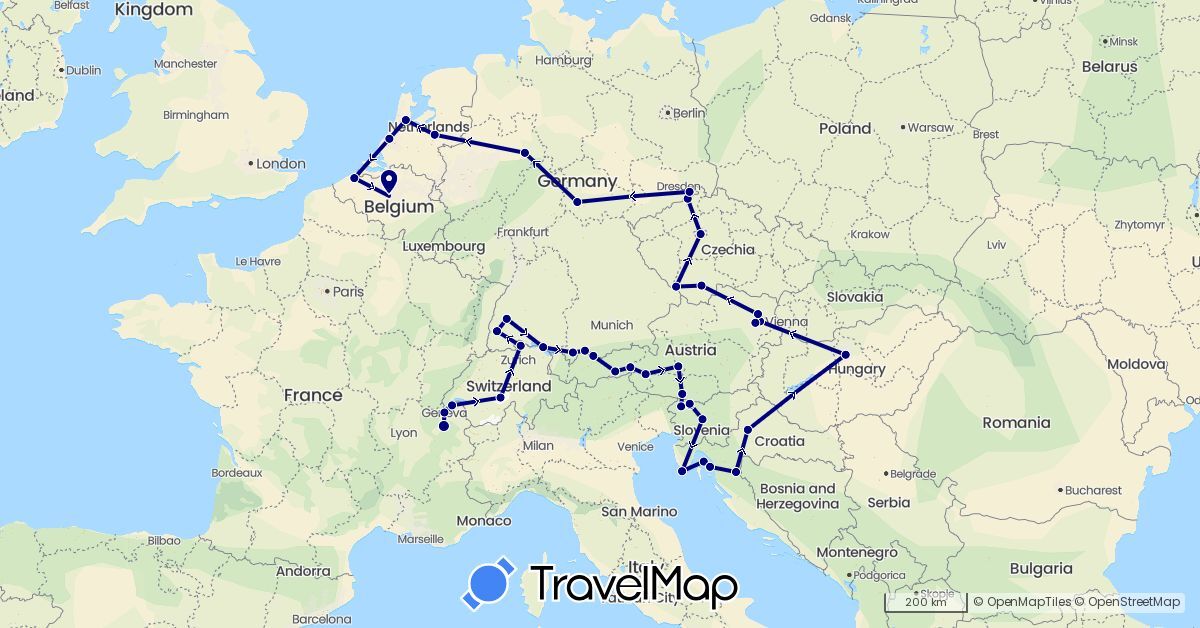 TravelMap itinerary: driving in Austria, Belgium, Switzerland, Czech Republic, Germany, France, Croatia, Hungary, Netherlands, Slovenia (Europe)