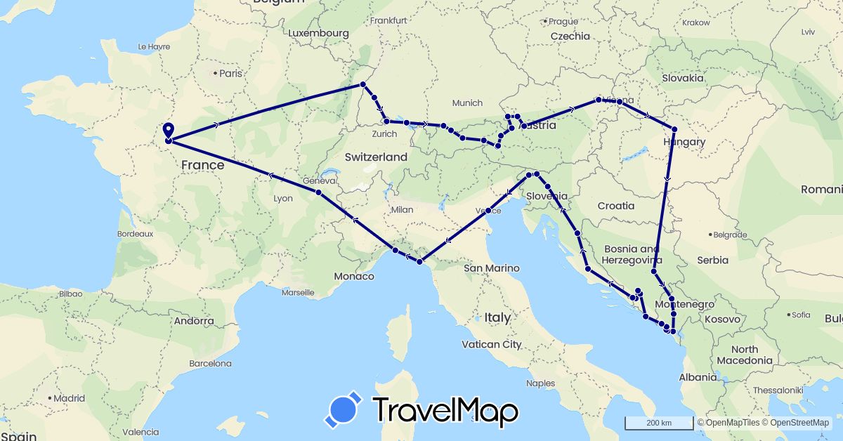 TravelMap itinerary: driving in Austria, Bosnia and Herzegovina, Switzerland, Germany, France, Croatia, Hungary, Italy, Montenegro, Slovenia, Slovakia (Europe)